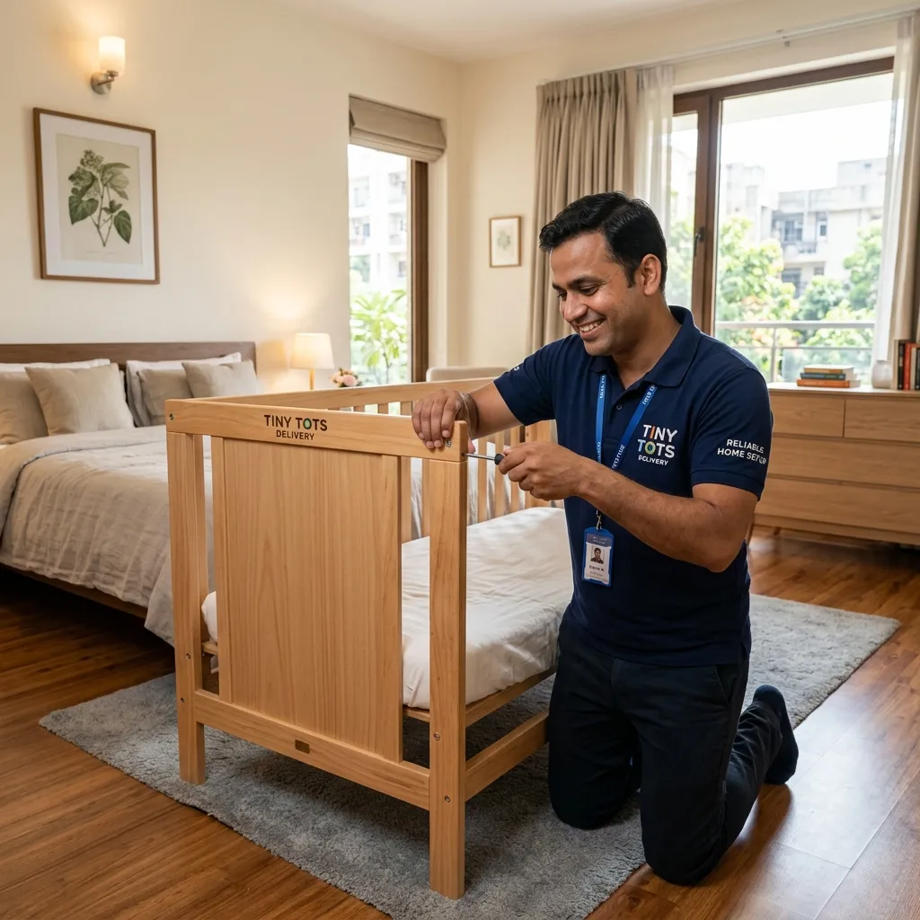 HomieHyra delivery executive setting up a sanitized baby crib in a Delhi apartment