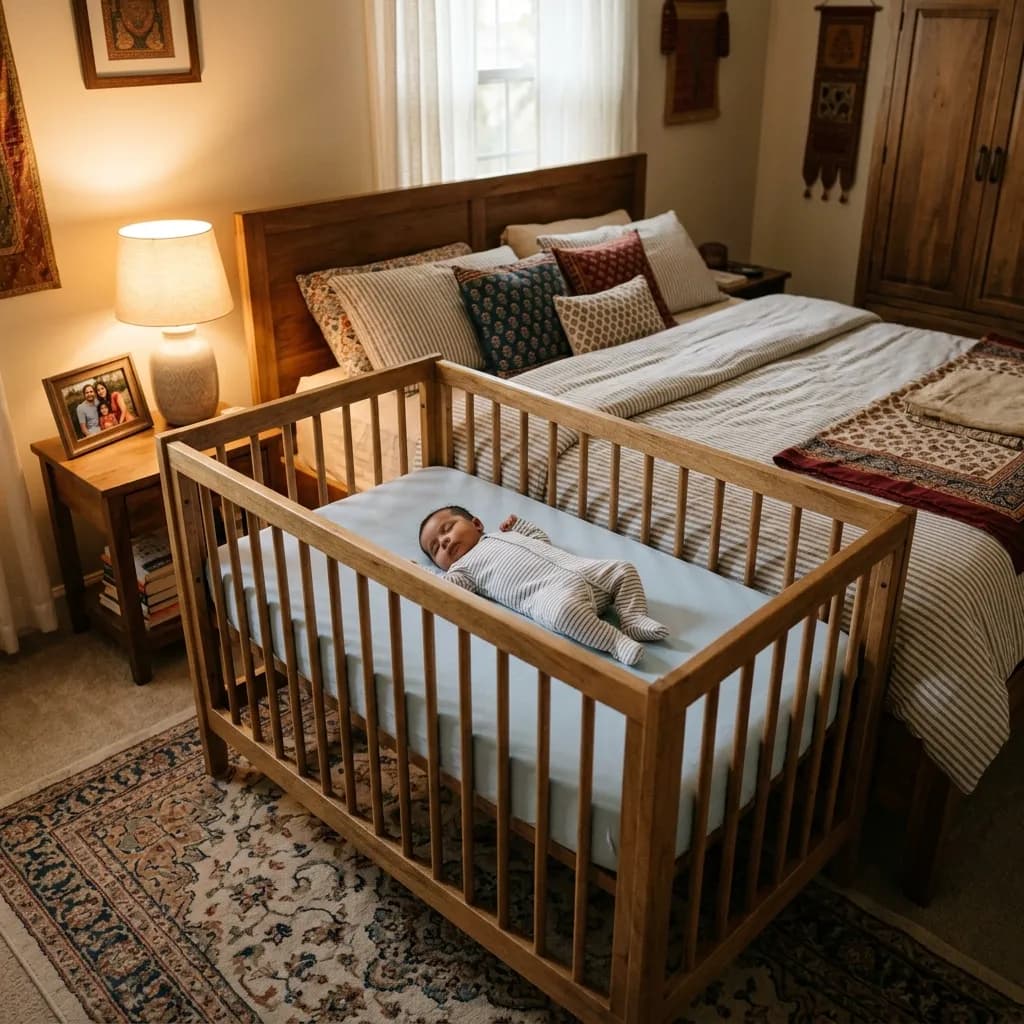 Safe newborn sleep setup in an Indian bedroom showing a crib with firm mattress and minimal bedding