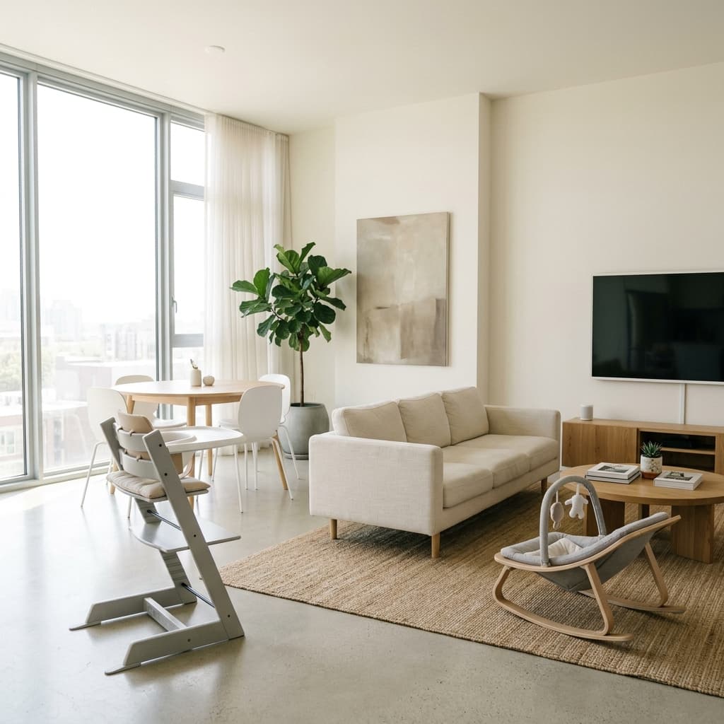 A modern, clutter-free Indian living room featuring a rented baby high chair and rocker