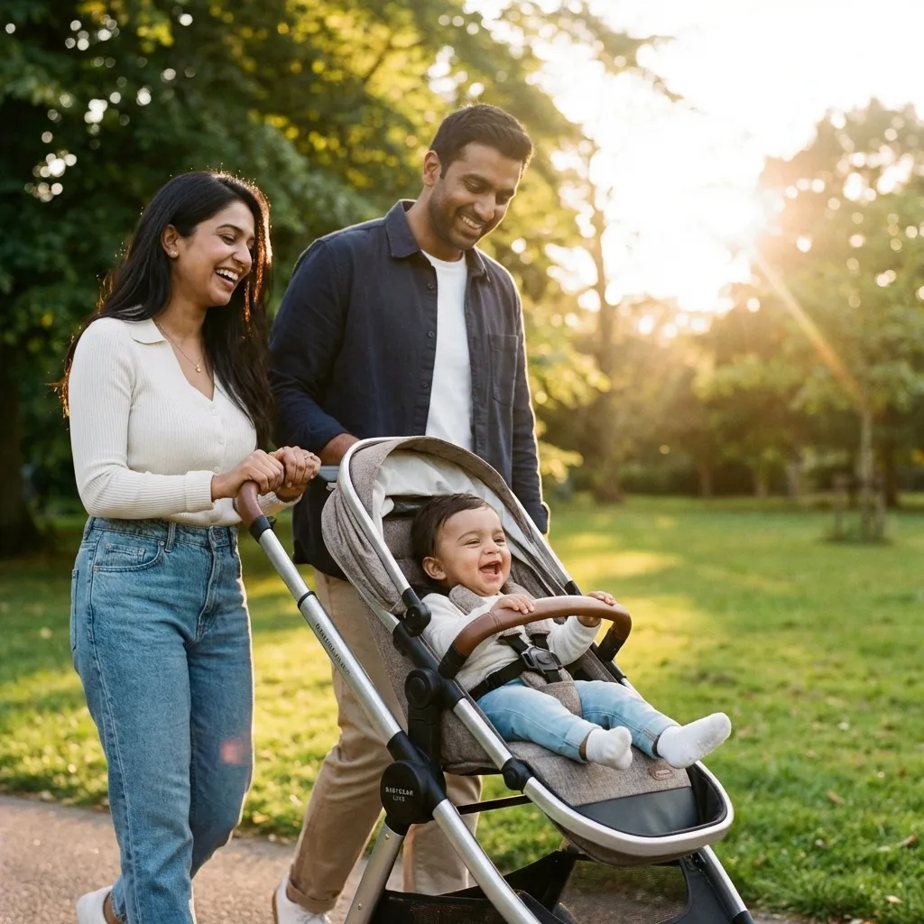 Happy family walking in a park with a premium baby stroller